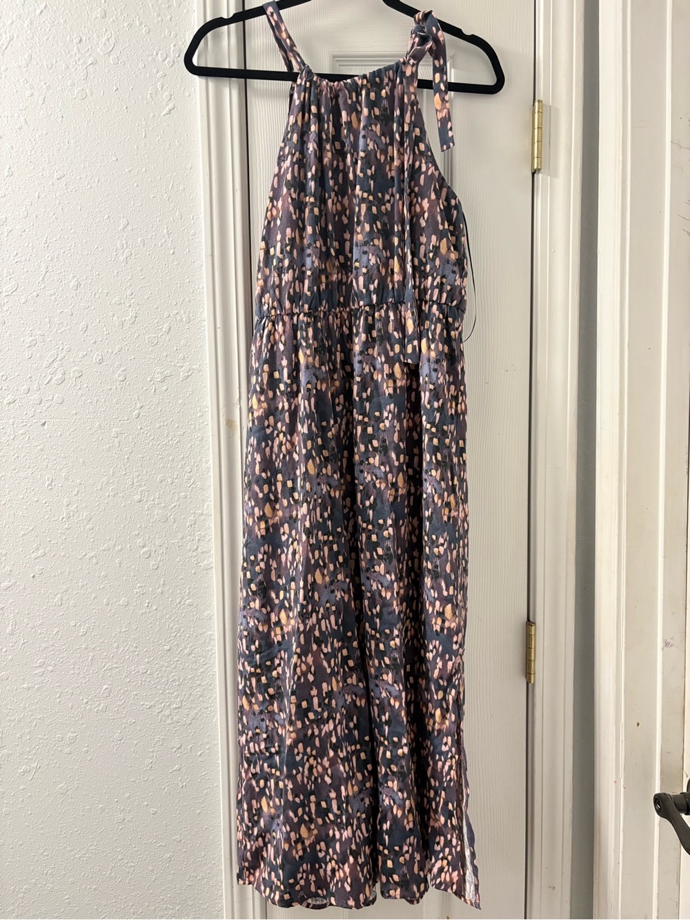 Gilli Slate Blue Halter Midi Dress with Blush Spot Print